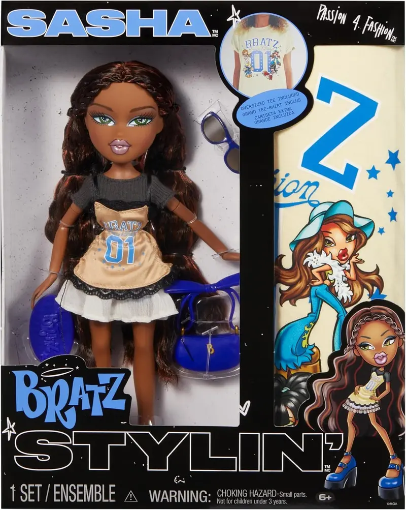 Bratz Stylin' Sasha Fashion Doll with Customisable T-Shirt for Ages 6+